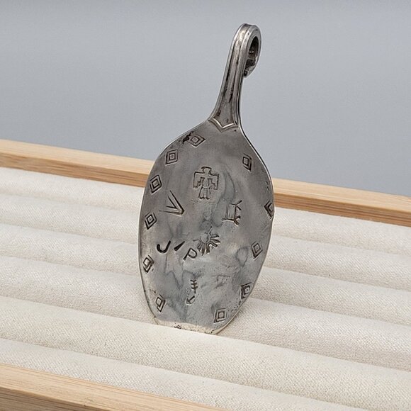 Wallingford Silver Spoon Pendant Aztec Stamped Thunderbird Arrow Length 3" - Picture 2 of 8